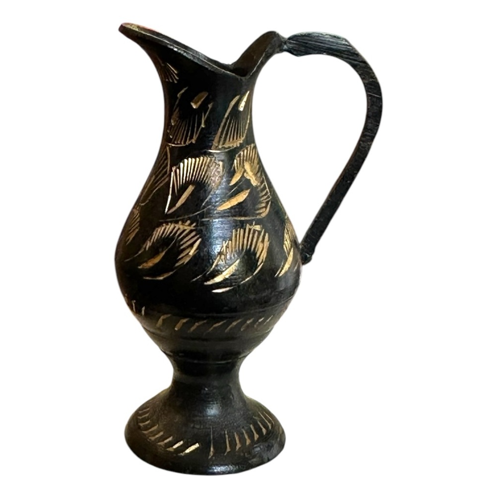 Miniature Hand made Gold Etched Black Brass Vase with Handle 3"H - Made in India